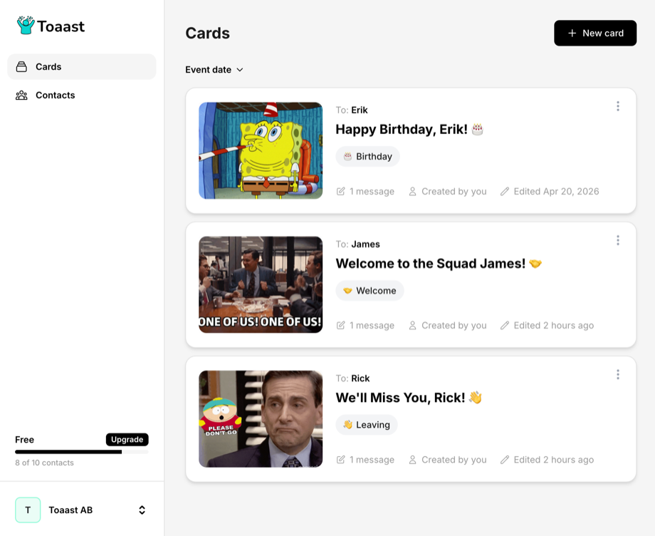 Toaast app — your cards