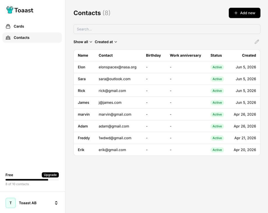 Toaast app — contacts